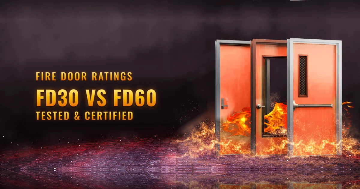 FD30 vs FD60 fire doors: certified fire door assemblies with flames at the base